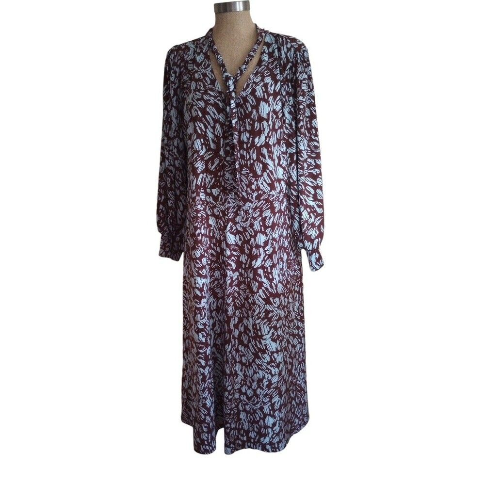 ELOQUII Dress Womens Sz 20 Front Tie Keyhole Back Long Sleeve Midi  Brown Blue